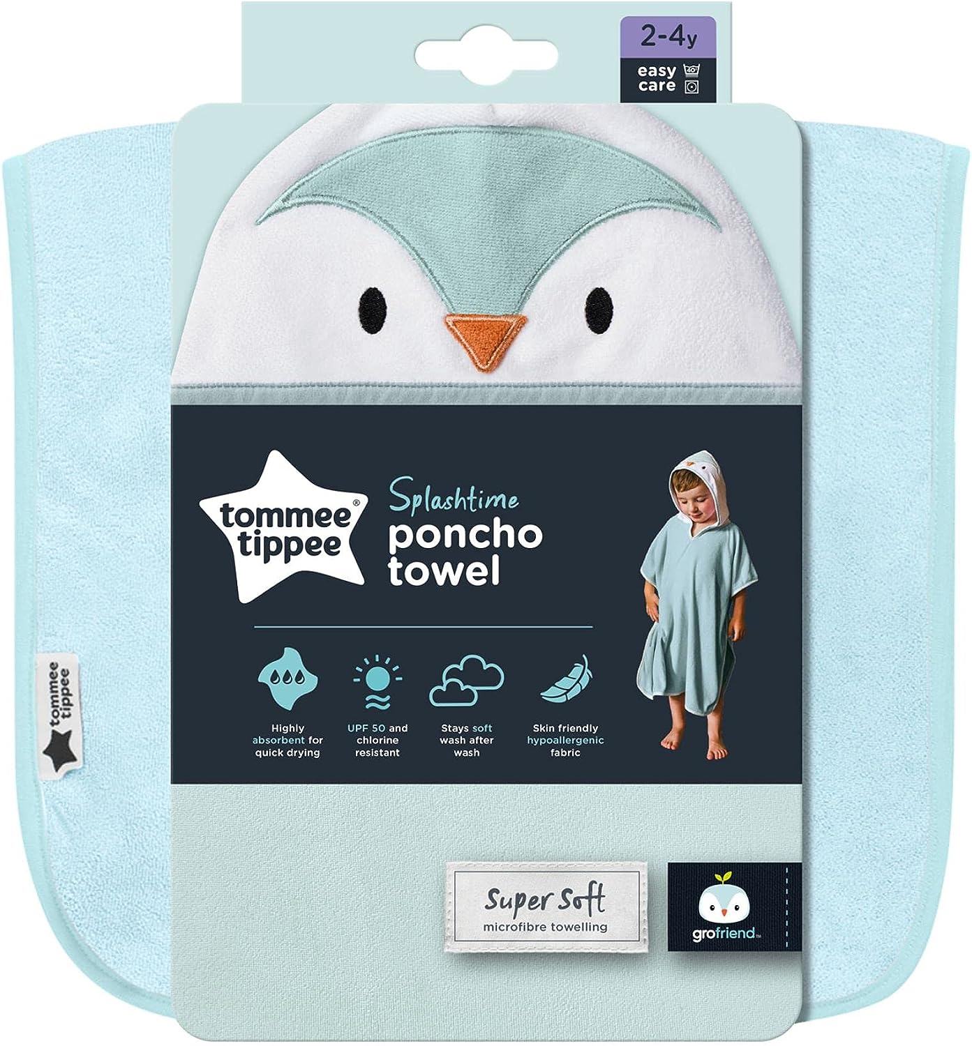 Tommee Tippee Splashtime Hooded Poncho Towel, Highly Absorbent and Super Soft Microfibre Material, Hypoallergenic, 2-4 Years, Percy the Penguin Grofriend, Blue