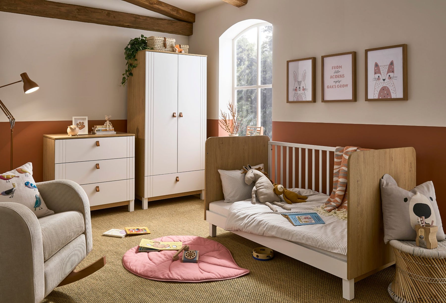 Cuddleco Rafi 3pc Set 3 Drawer Dresser, Cot Bed and Wardrobe - Oak/White