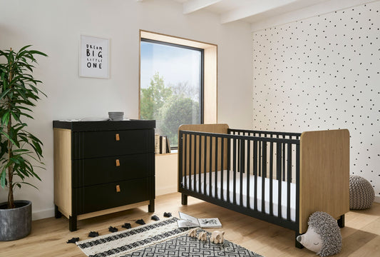 Cuddleco Rafi 2pc Set 3 Drawer Dresser and Cot Bed - Oak/Black