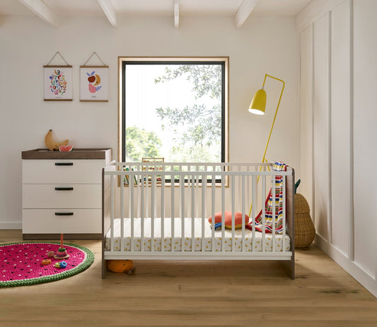 Cuddleco Enzo 2pc Set 3 Drawer Dresser and Cot Bed Truffle Oak/White