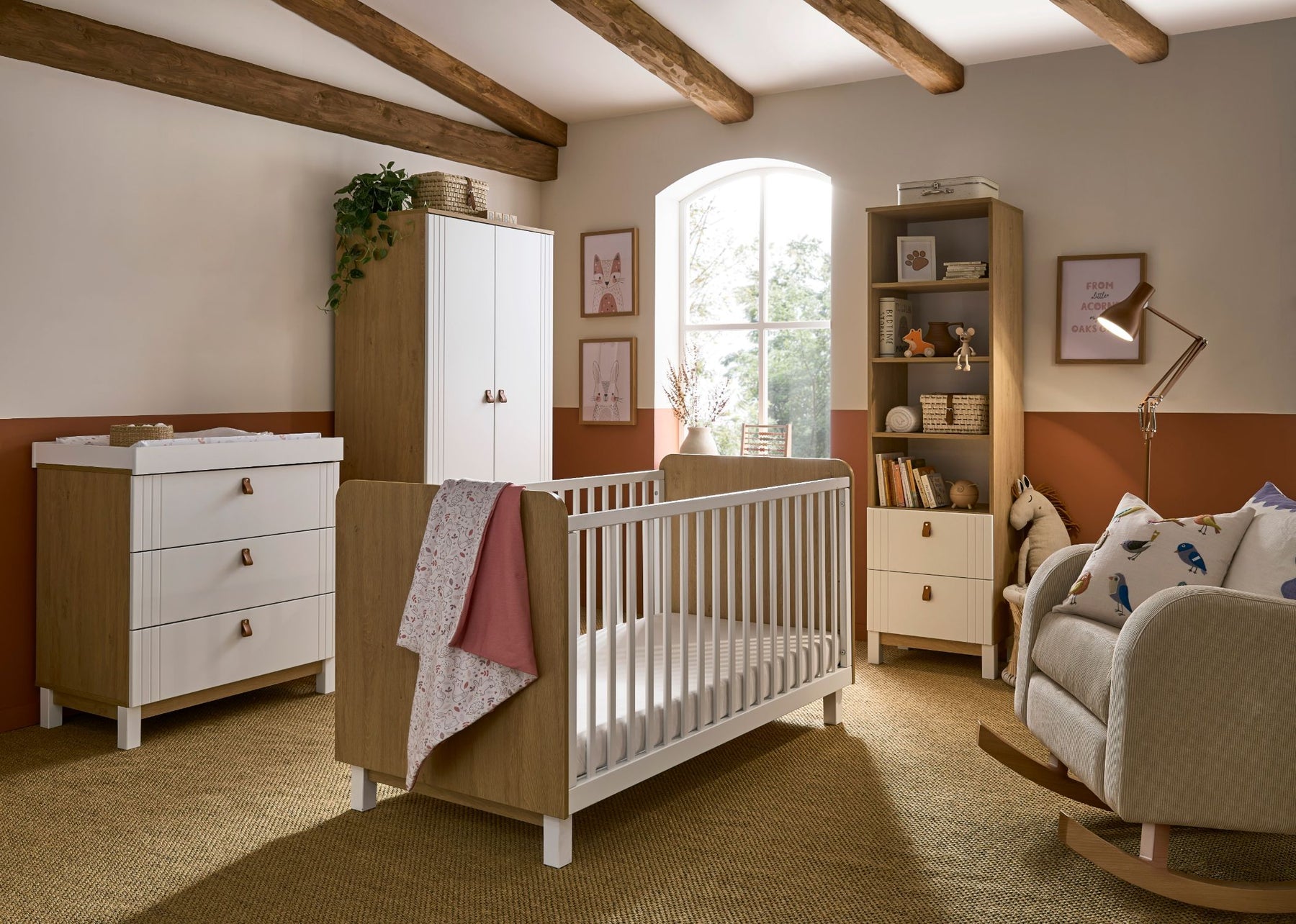 Cuddleco Rafi 4pc Set 3 Drawer Dresser, Cot Bed, Wardrobe and Bookcase- Oak/White