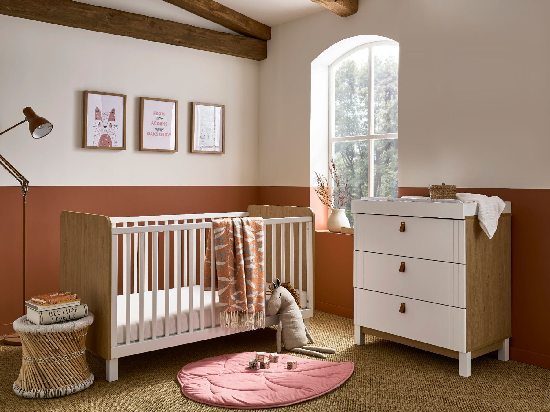 Cuddleco Rafi 2pc Set 3 Drawer Dresser and Cot Bed - Oak/White