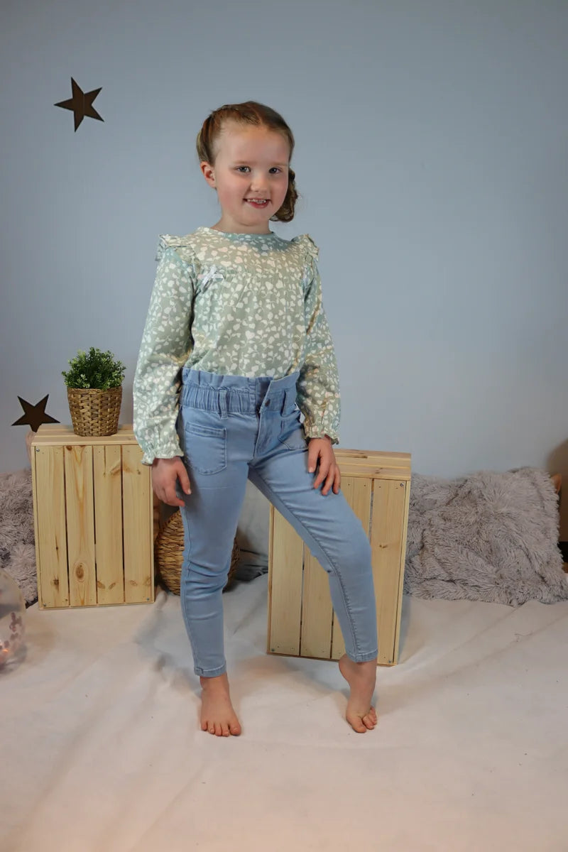 Sage And White Top With Bow And Frill Detail