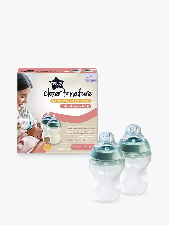 Tommee Tippee Closer to Nature Soft Feel Silicone Baby Bottles, Breast-Like Teat, Anti-Colic Valve, 260ml, 2 bottles