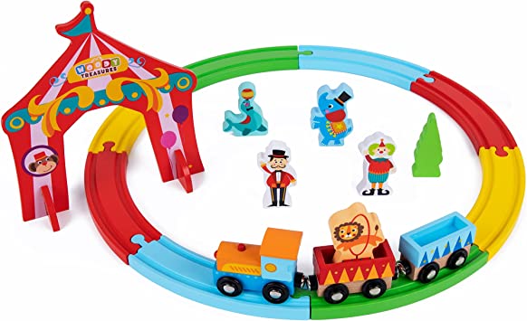 Woody Treasures Wooden Toys - Wooden Train Set for Children 3 Years & Up - 20-Piece Circus Themed Train Track Kids’ Toy