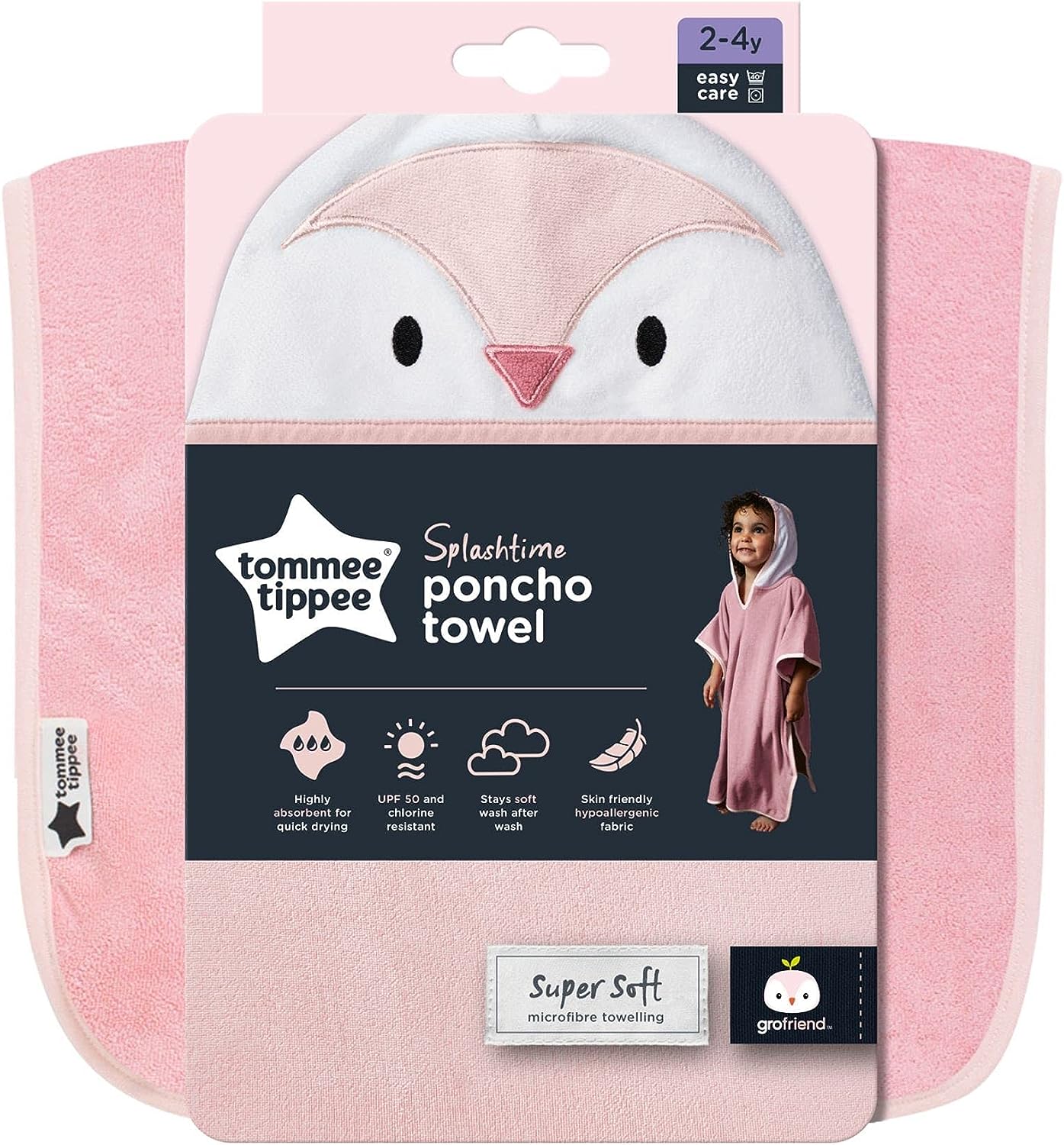 Tommee Tippee Splashtime Hooded Poncho Towel, Highly Absorbent and Super Soft Microfibre Material, Hypoallergenic, 2-4 Years, Penny the Penguin Grofriend, Pink