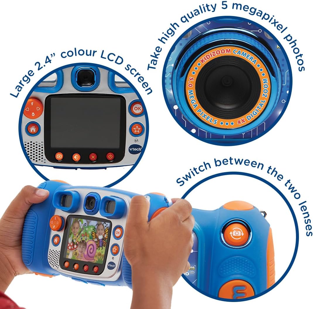 VTech Kidizoom Duo Camera 5.0, Kids 5MP Camera with Colour Display, For Photos, Selfies & Videos, 4X Digital Zoom, Games, Photo Editing & Effects, for Infants aged 3, 4, 5, 6, 7 + years, Blue