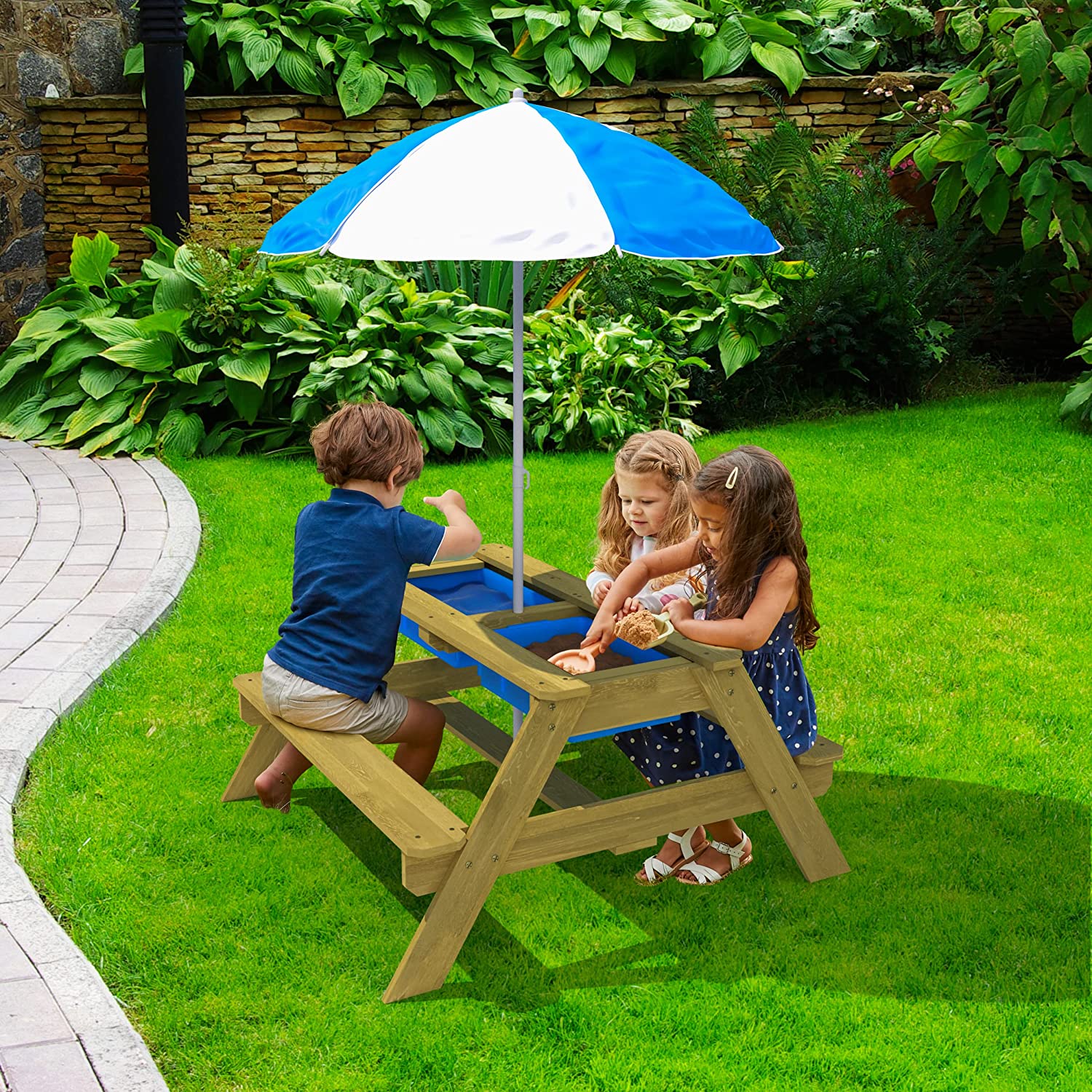 Wooden Sand & Water Bench | With Parasol | Garden and Outdoor Furniture Picnic Table with Sunshade | For 4 Kids | Age 2