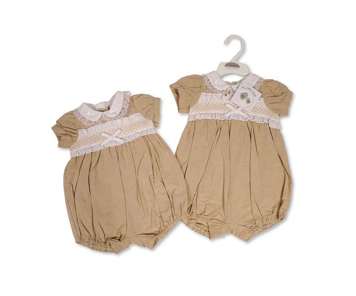 Baby Girls Linen Romper with Lace, Smocking and Bow
