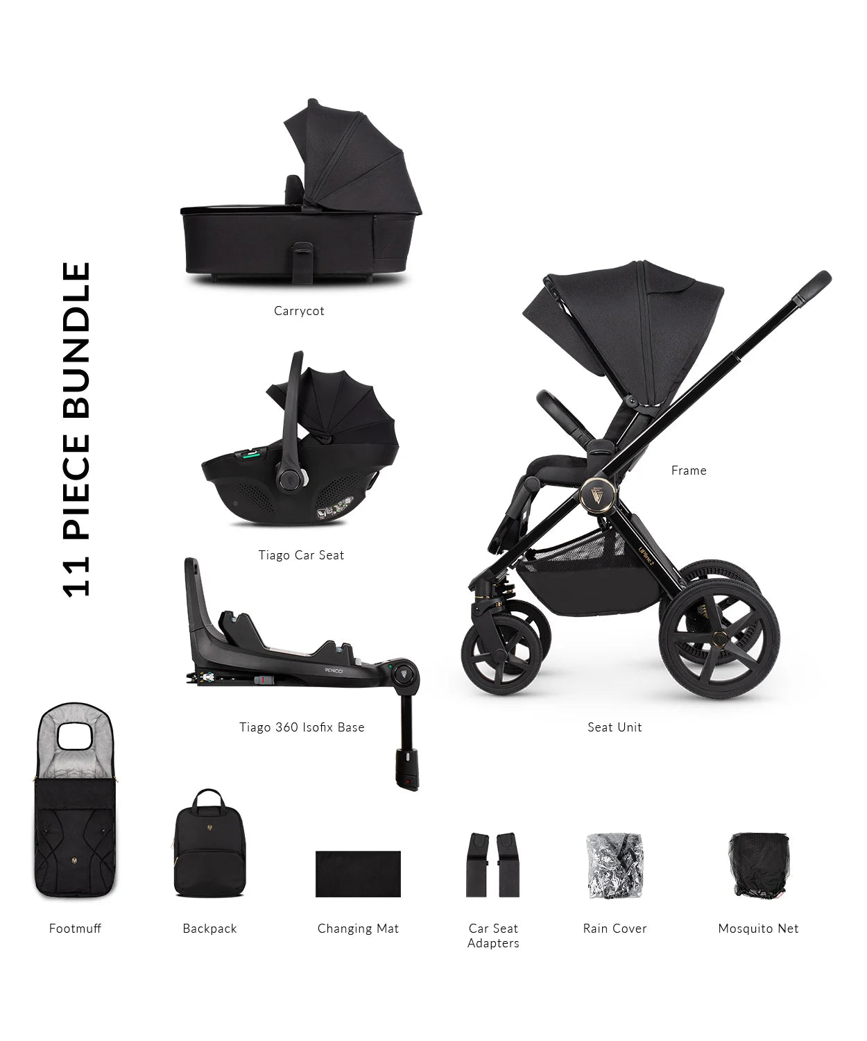 Venicci Upline 2 All Black 3 In 1 Plus Base (Tiago Beige)