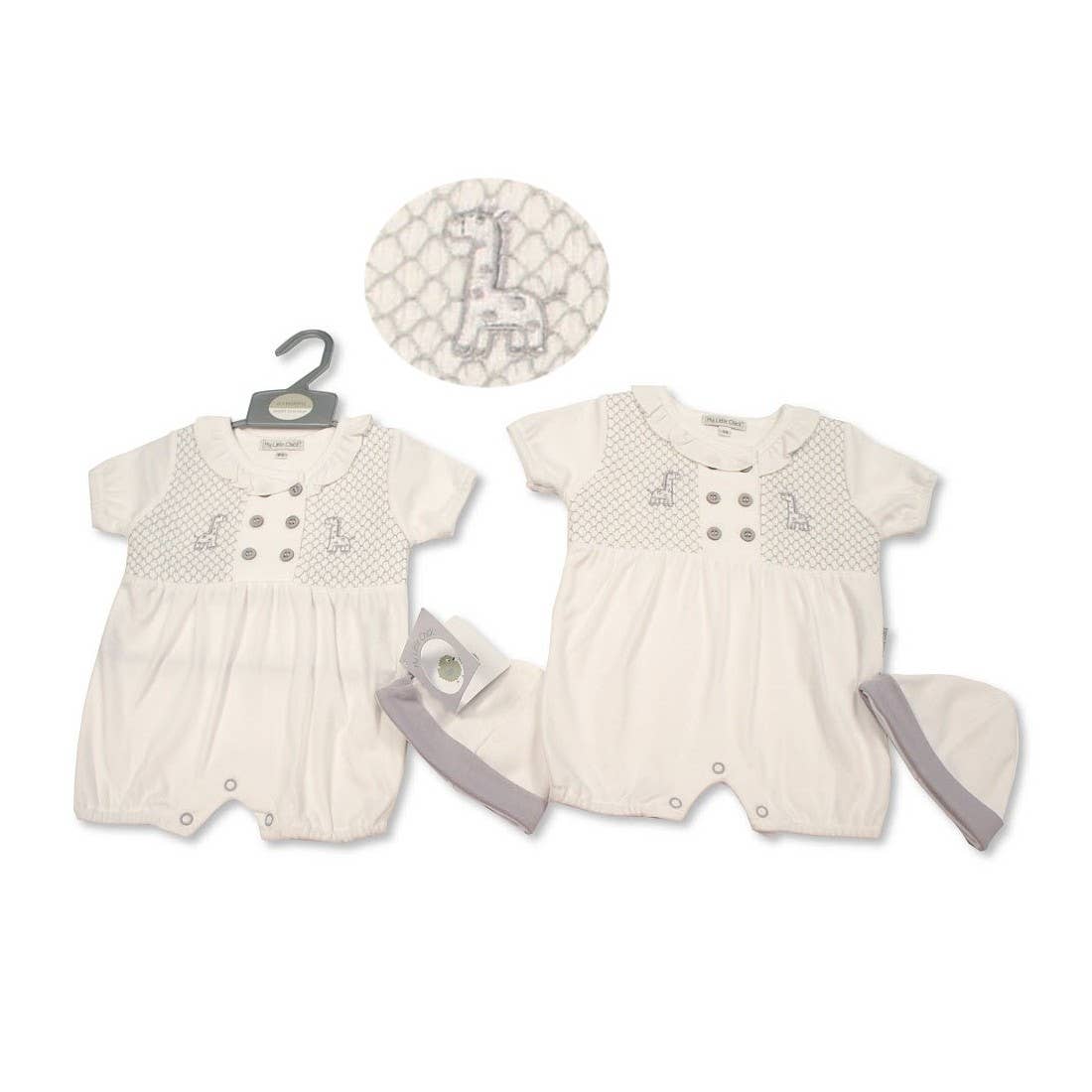 Smocked Baby Romper with Hat - Giraffe