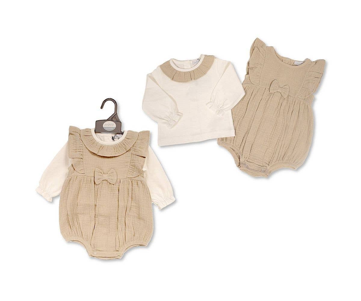 Baby Girls 2 piece Romper Set with Bow - Taupe
