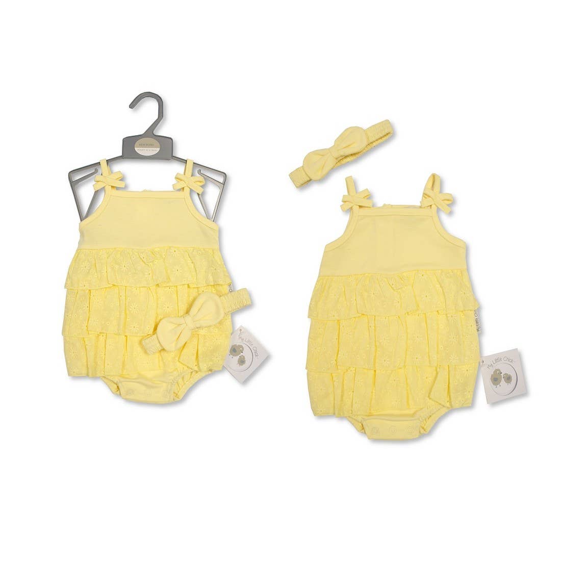 Baby Girls Tiered Romper with Bows and Headband - Lemon