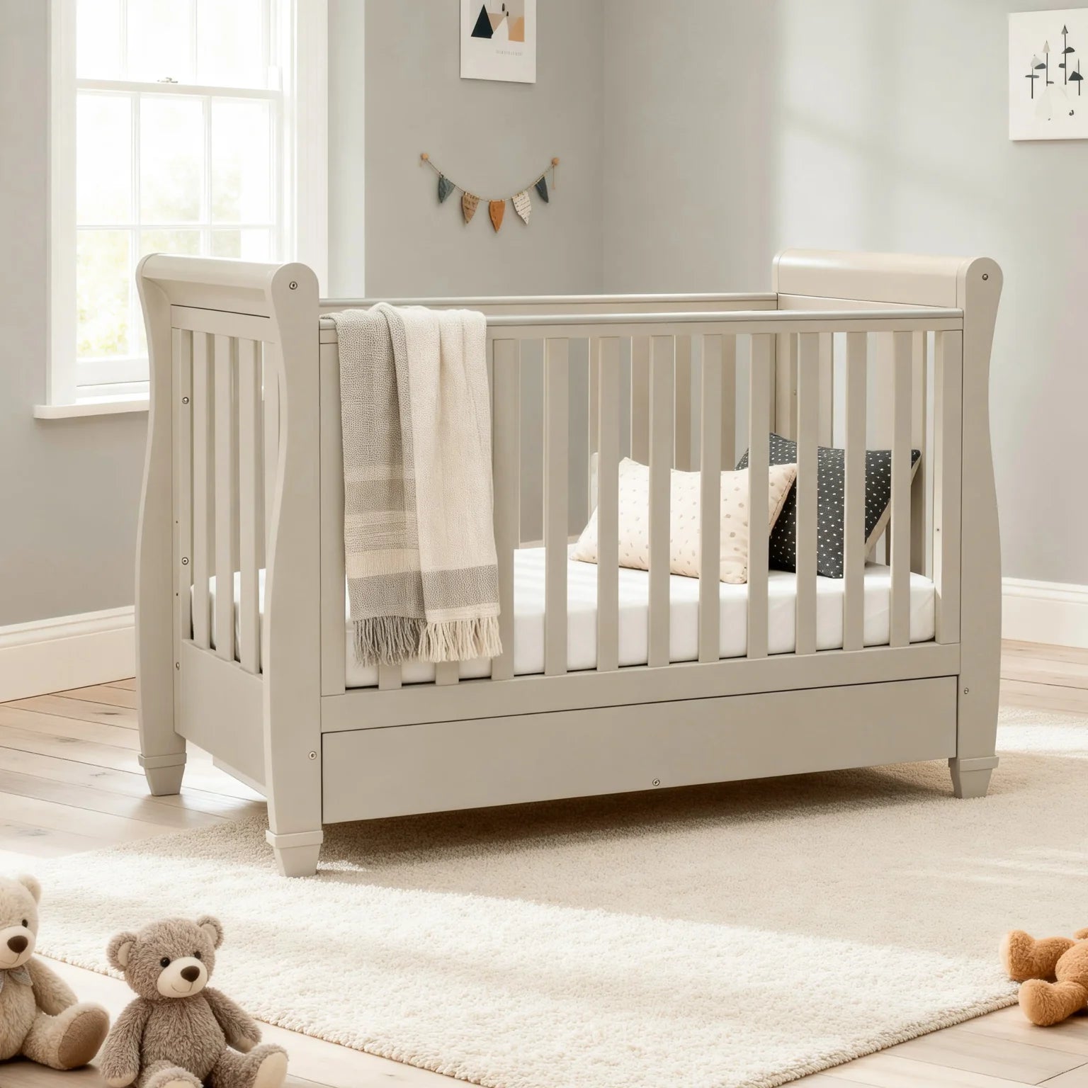 Eva Sleigh Cot Bed with Drawer – Cashmere