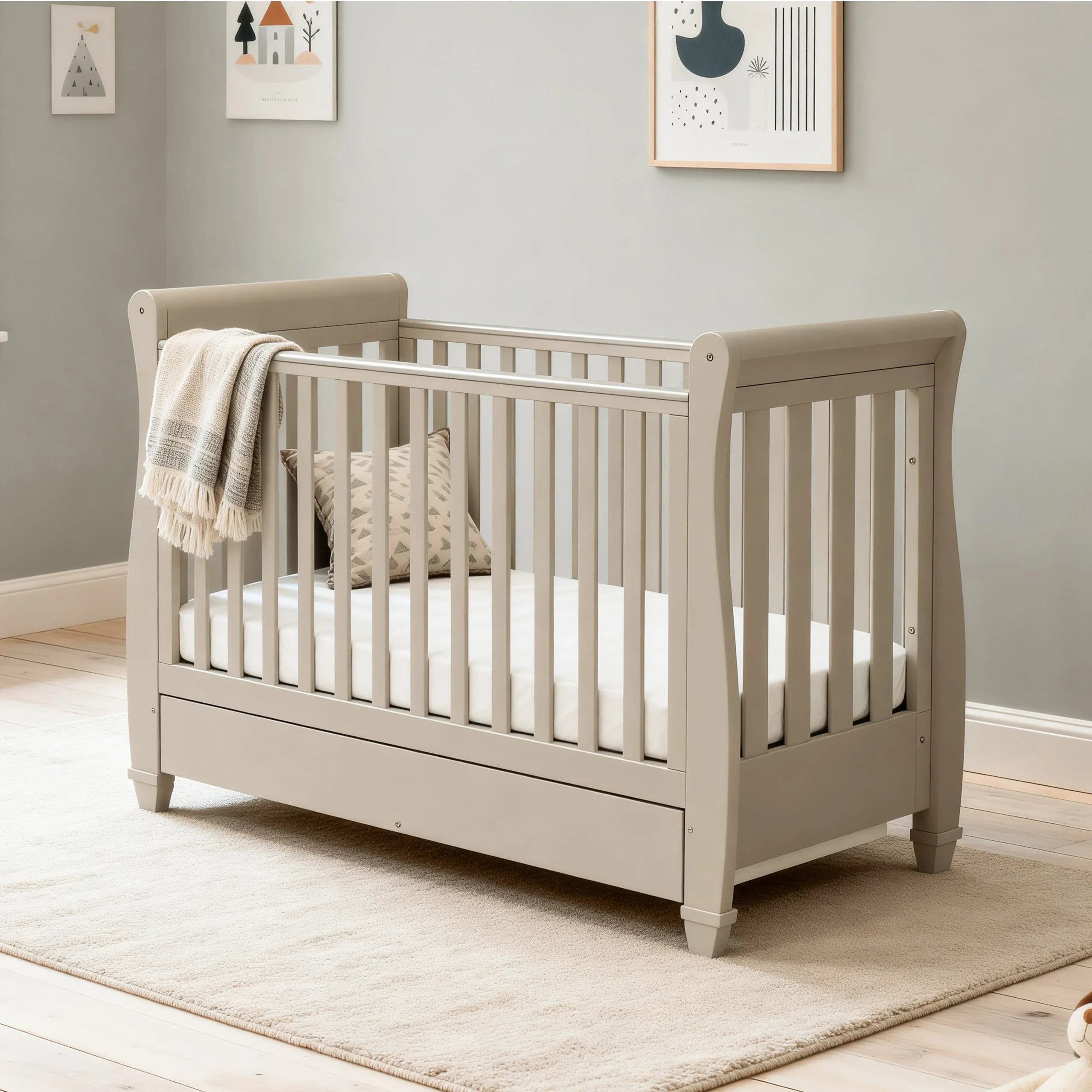 Eva Sleigh Cot Bed with Drawer – Cashmere