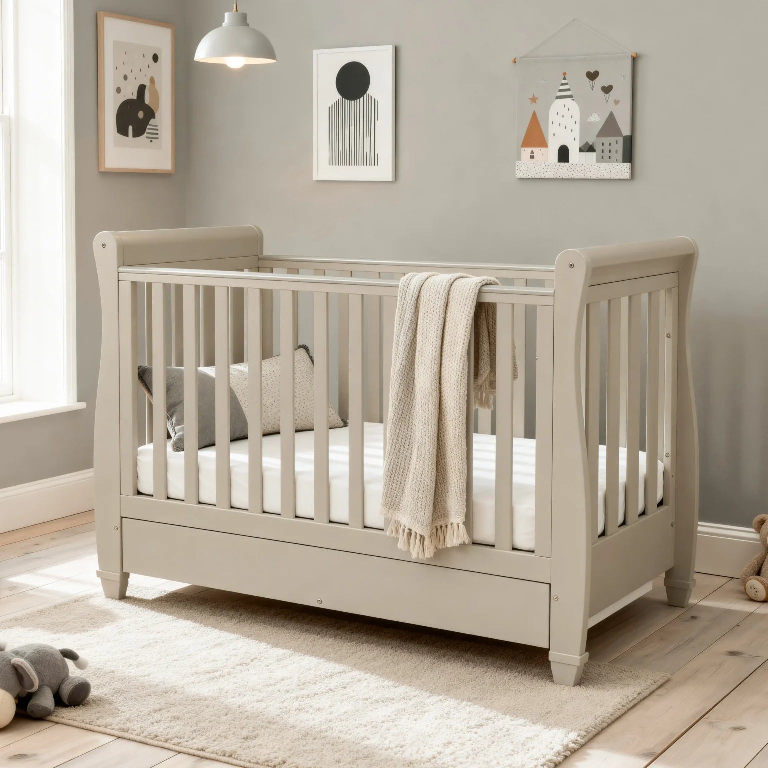 Eva Sleigh Cot Bed with Drawer – Cashmere
