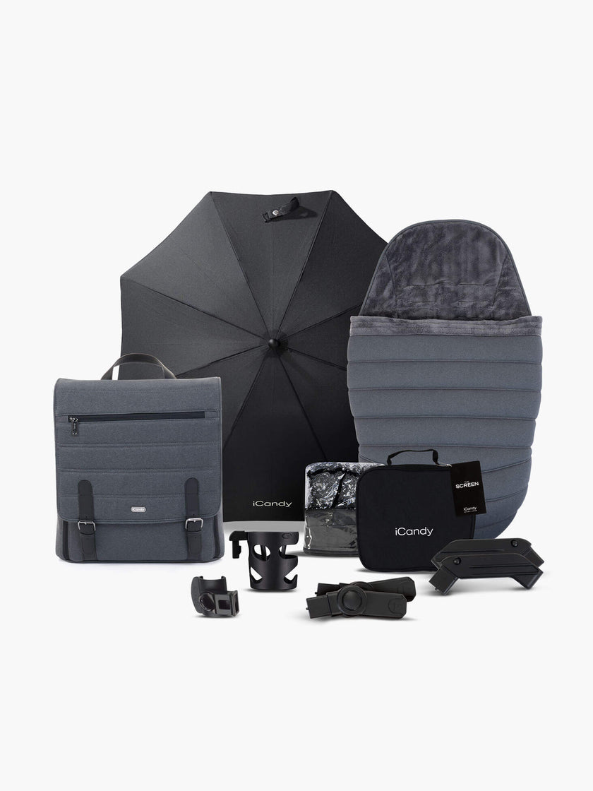 icandy Peach 7 Dark Grey Pushchair and Carrycot - Complete Car Seat Bundle