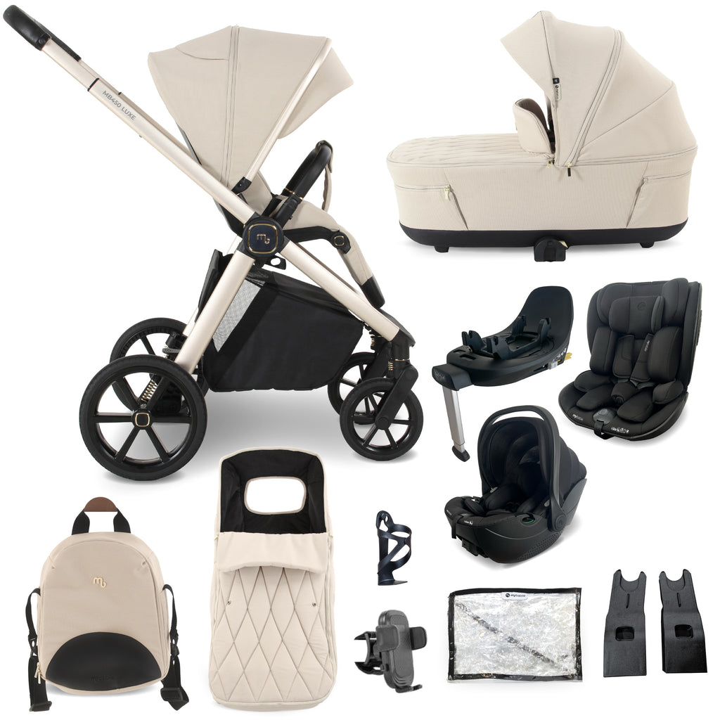 My Babiie MB450 LUXE 3-in-1 Travel System with Rotating Car Seat + Toddler Seat + Base - Feather
