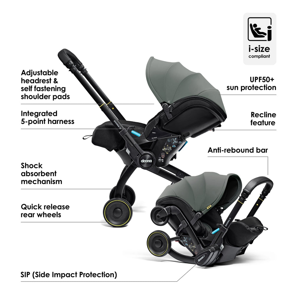 Doona X Recline Car Seat & Stroller - Green Inc FREE Vehicle Seat Protector Worth £29.95!