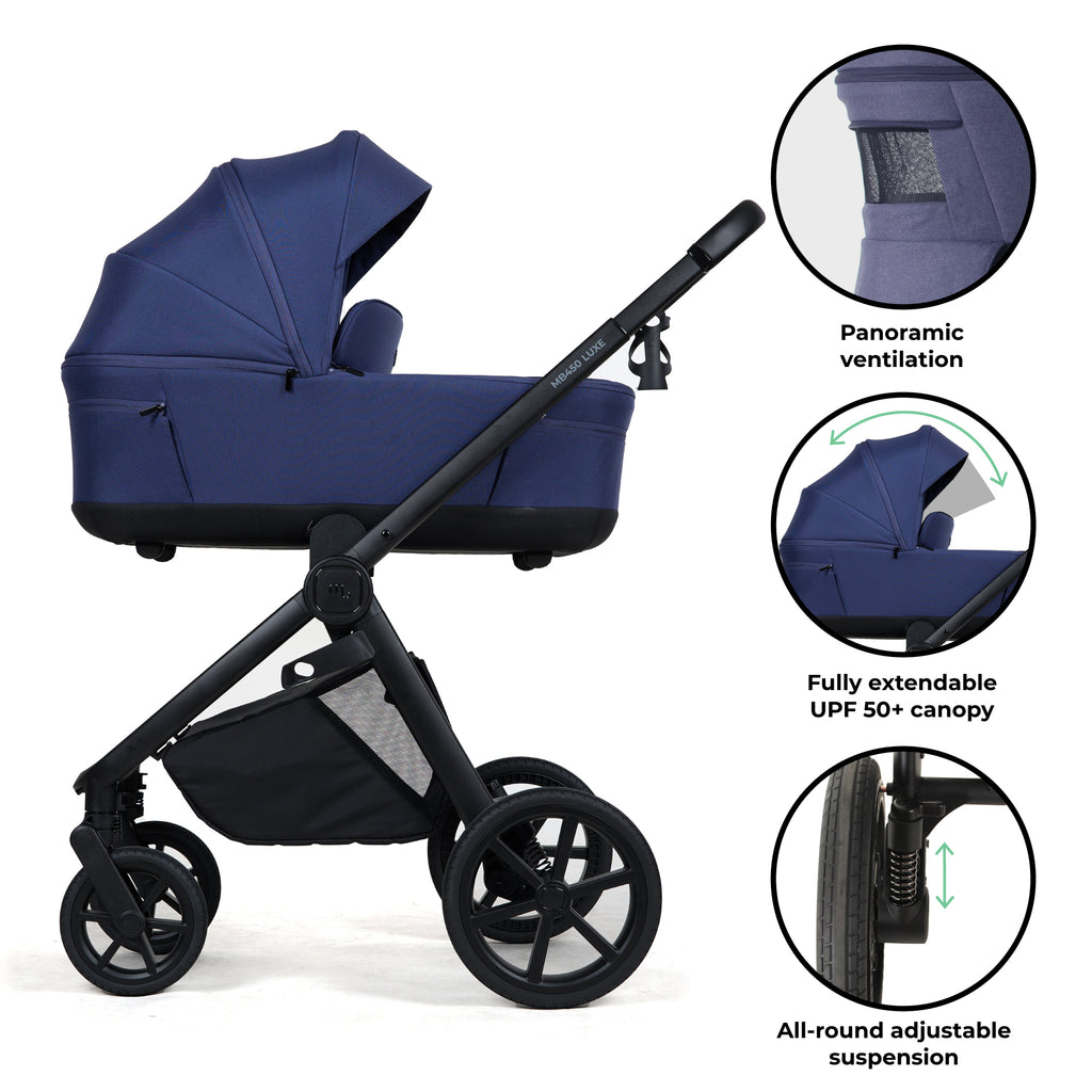 My Babiie MB450 LUXE 3-in-1 Travel System with Rotating Car Seat + Toddler Seat + Base - Indigo