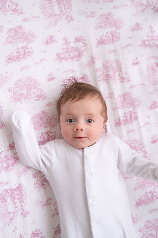 The Gilded Bird Spring Toile Pink Fitted Cot Sheet