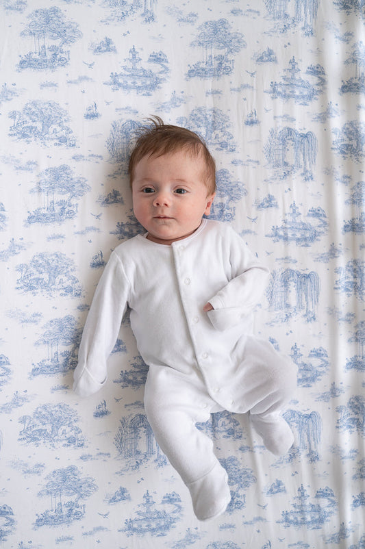 The Gilded Bird Spring Toile Blue Fitted Cot Sheet