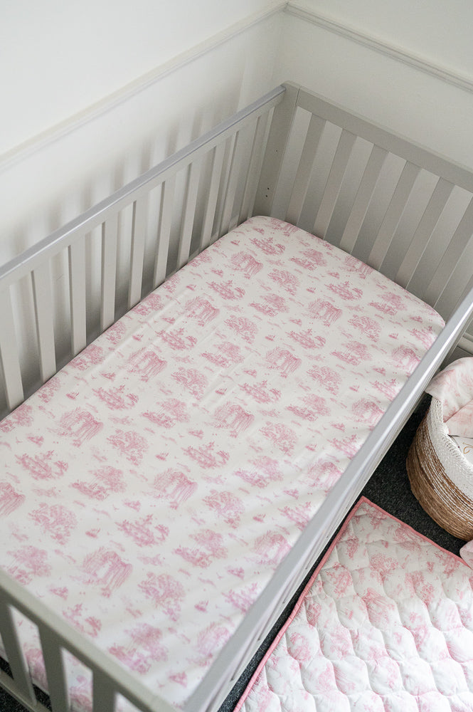 The Gilded Bird Spring Toile Pink Fitted Cot Sheet