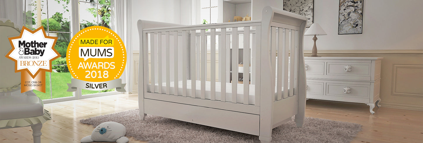 Eva Sleigh Cot Bed Dropside with Drawer