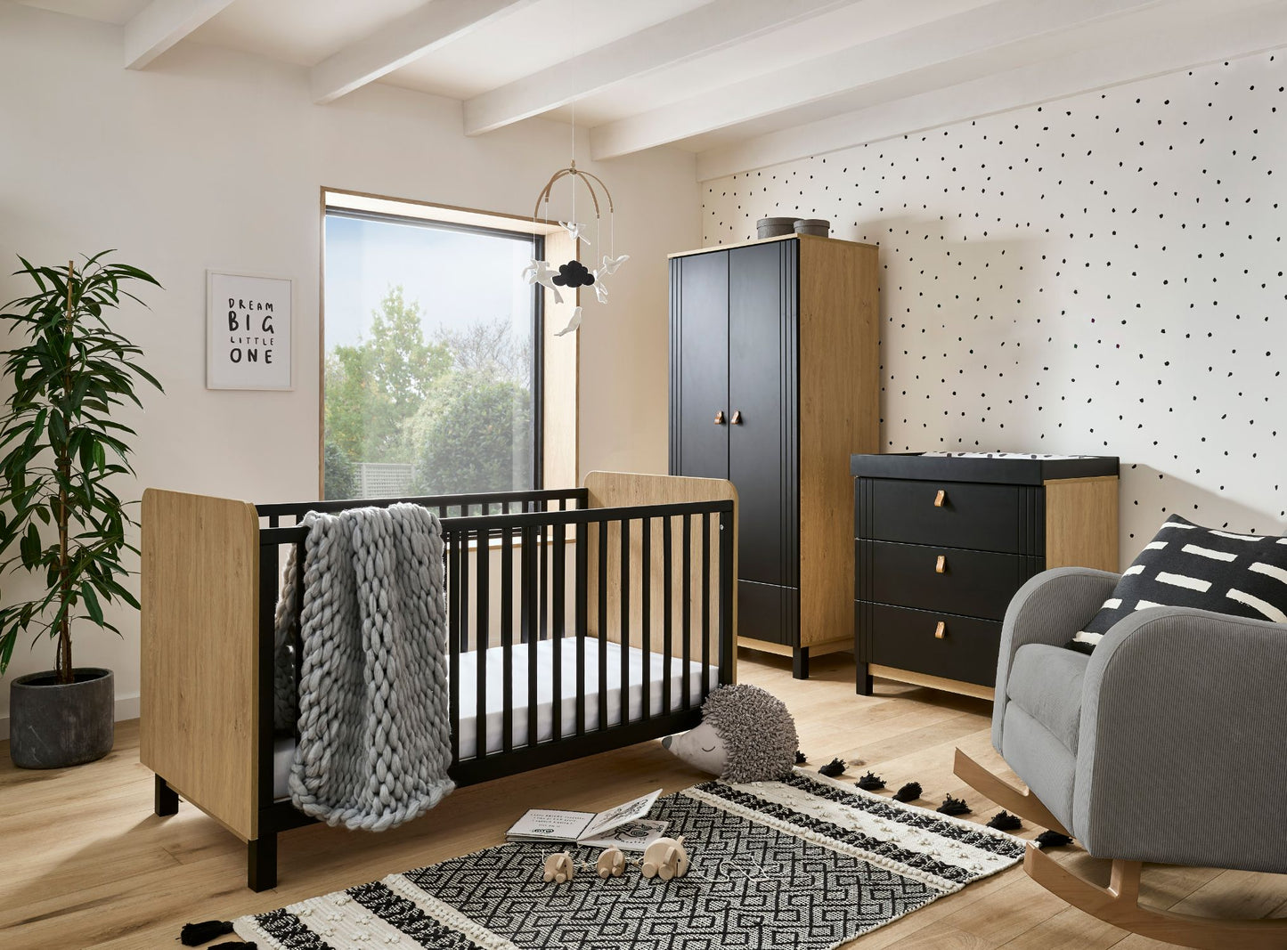 Cuddleco Rafi 3pc Set 3 Drawer Dresser, Cot Bed and Wardrobe - Oak/Black