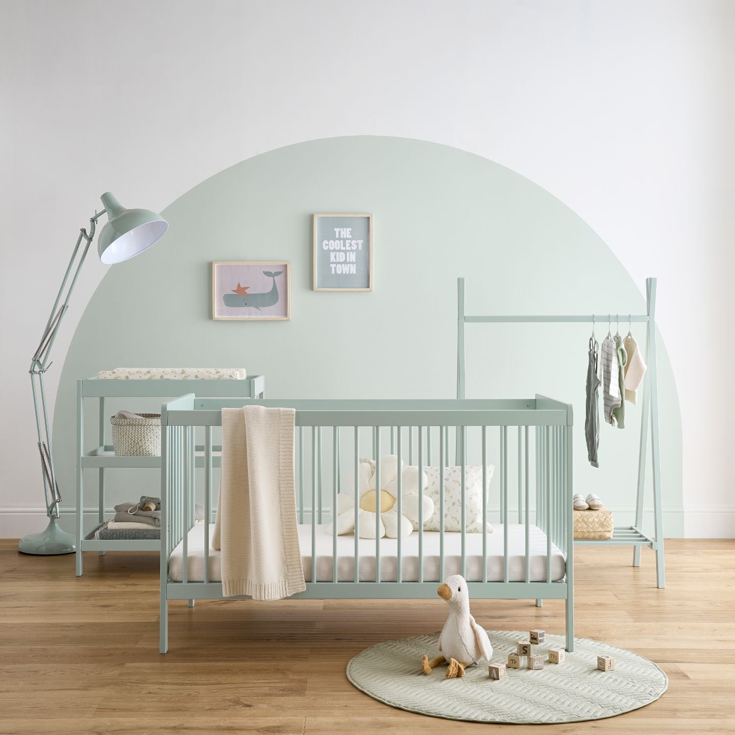 Cuddleco Nola 3pc Set Changer, Cot Bed and Clothes Rail - Sage Green