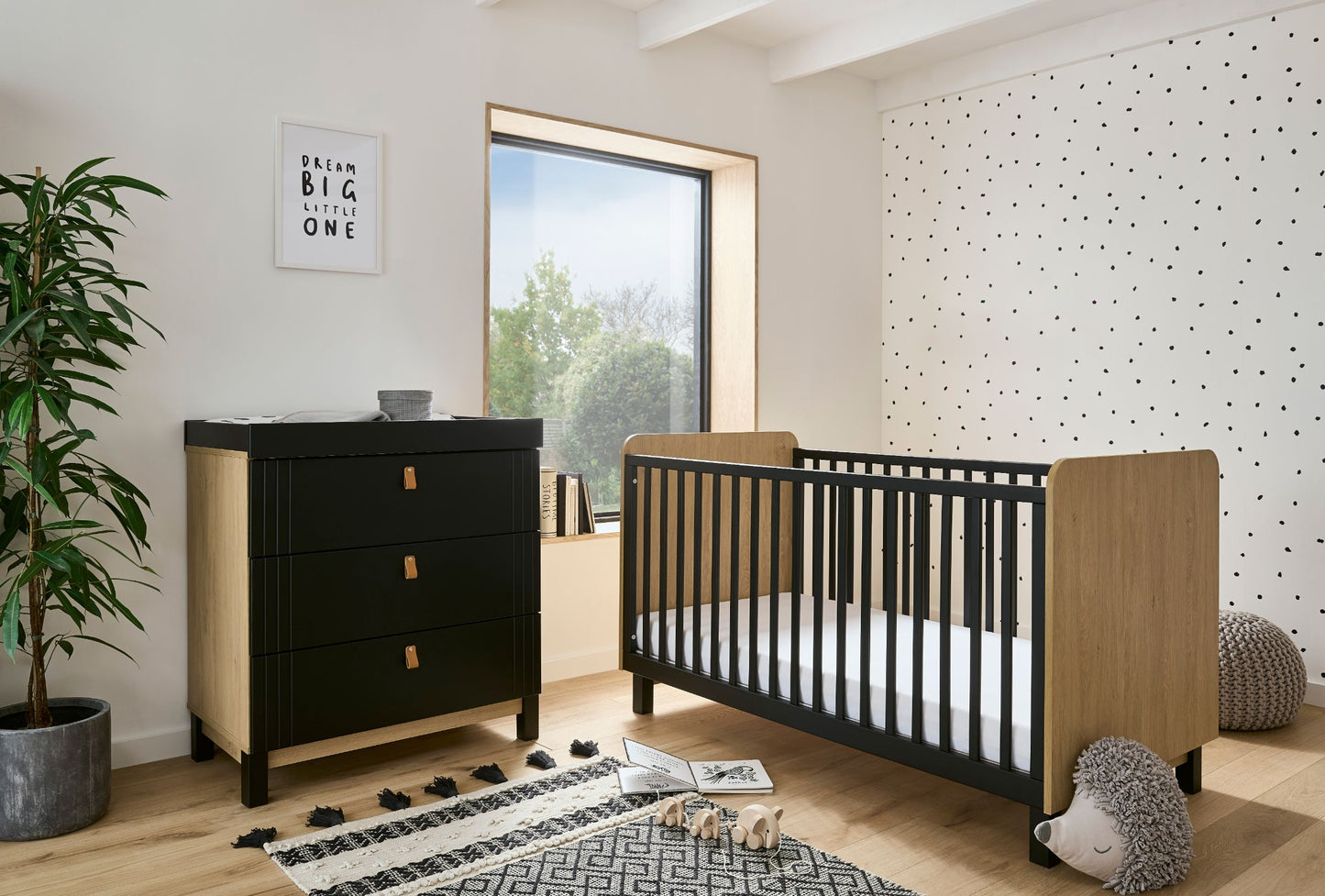 Cuddleco Rafi 2pc Set 3 Drawer Dresser and Cot Bed - Oak/Black