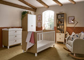 Cuddleco Rafi 4pc Set 3 Drawer Dresser, Cot Bed, Wardrobe and Bookcase- Oak/White