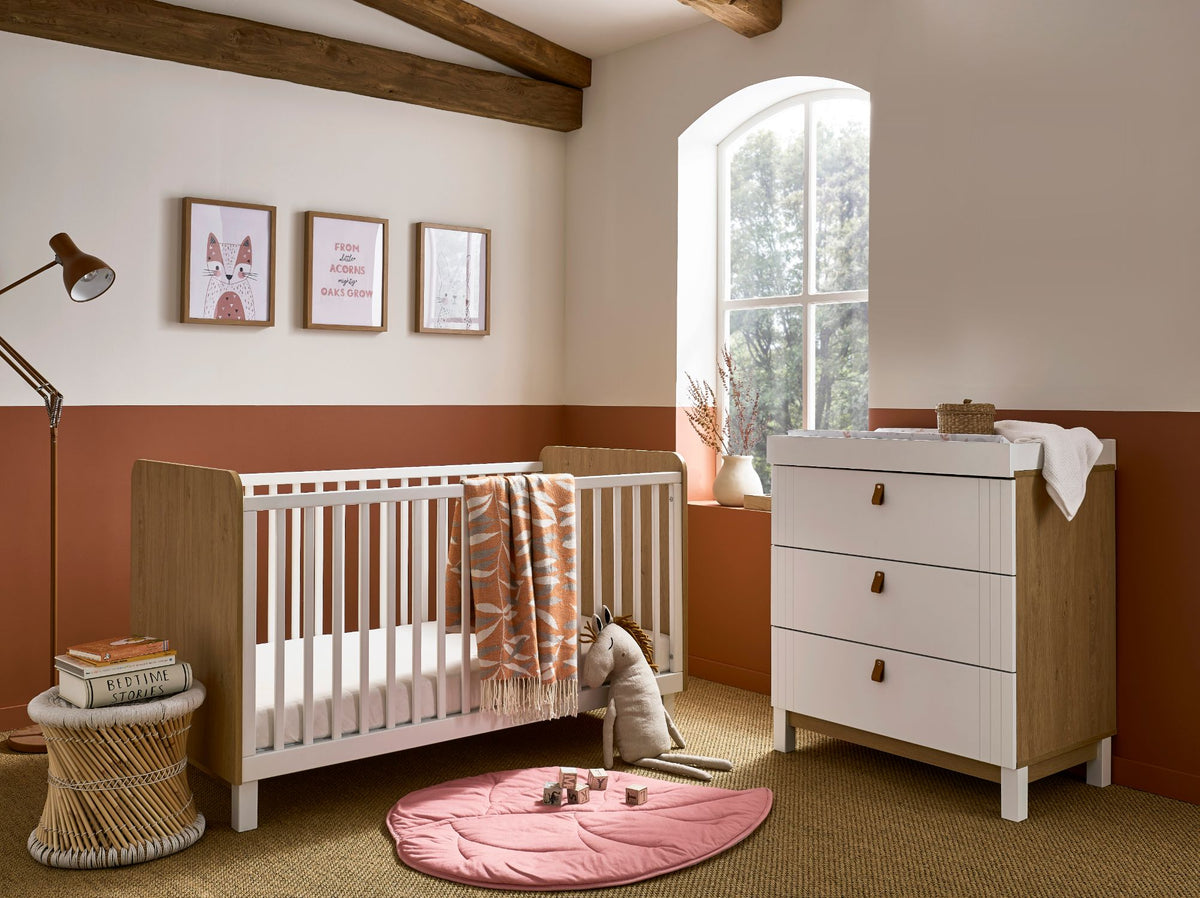 Cuddleco Rafi 2pc Set 3 Drawer Dresser and Cot Bed - Oak/White