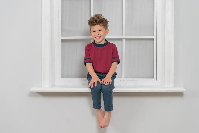 Boys Tshirt In Maroon With Navy Trim