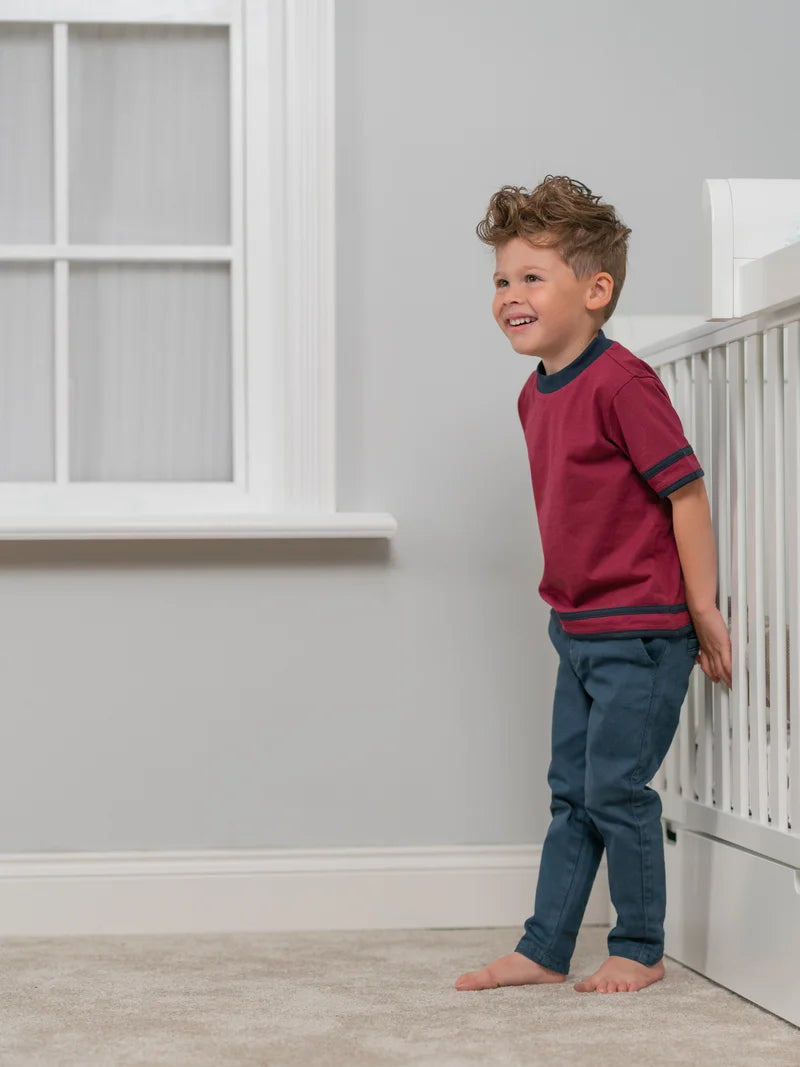 Boys Tshirt In Maroon With Navy Trim