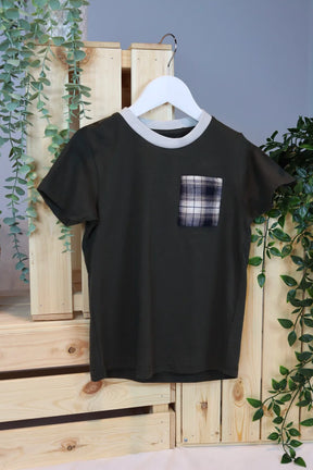 Boys Tshirt With Check Detail Pocket Brown With Navy Detail