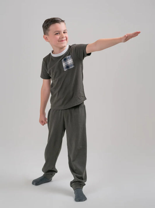 Boys Tshirt With Check Detail Pocket Brown With Navy Detail