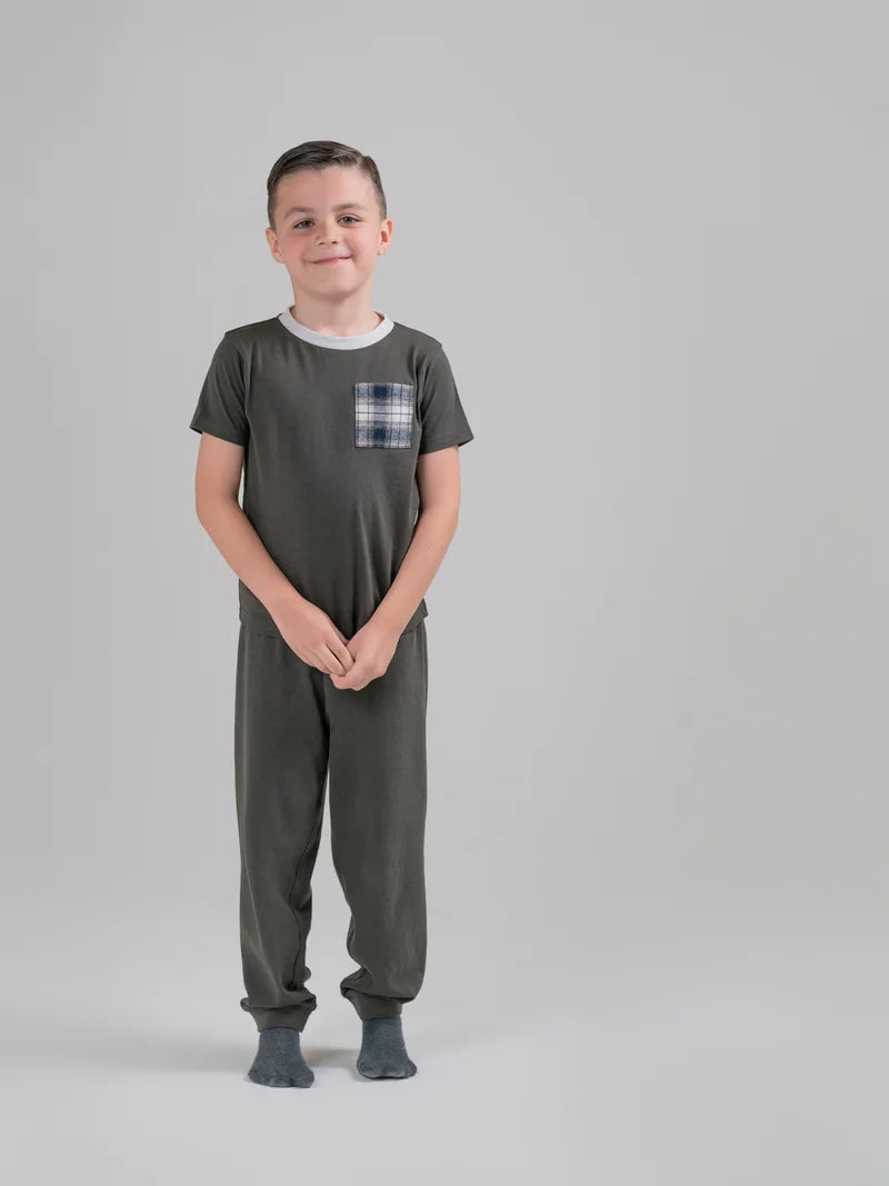 Boys Tshirt With Check Detail Pocket Brown With Navy Detail