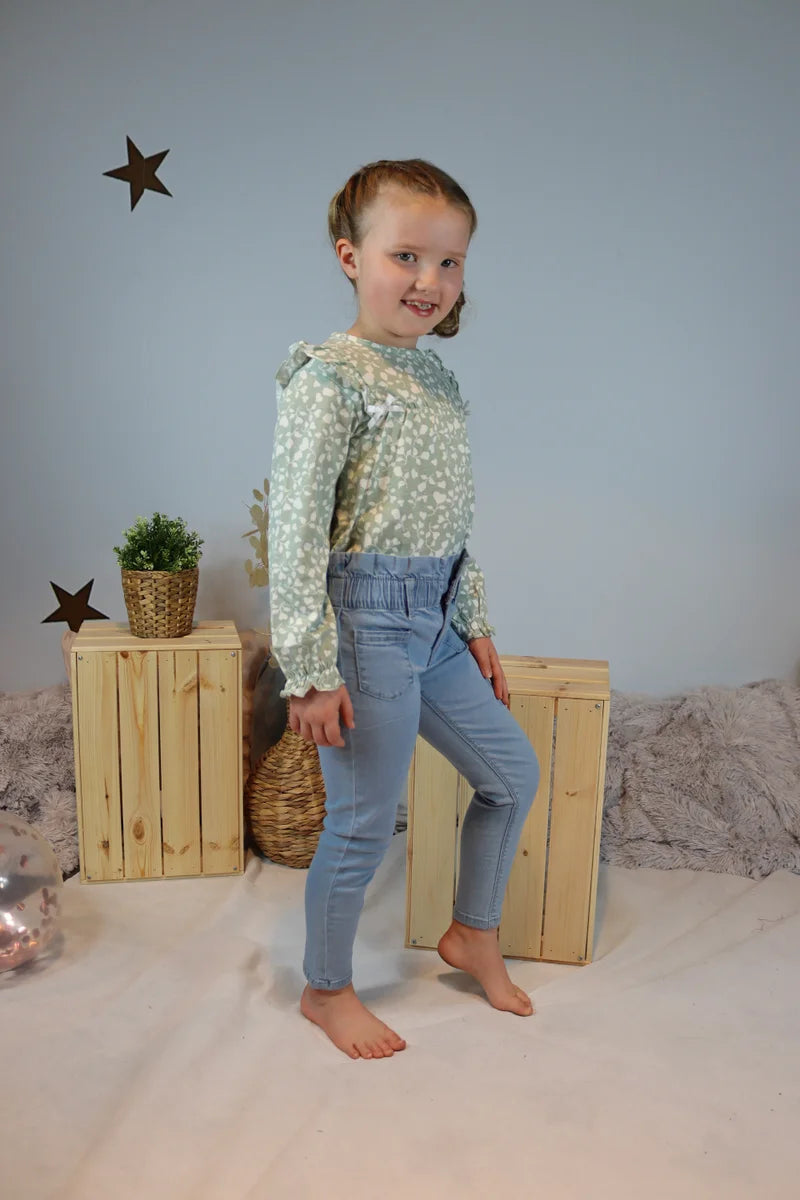 Sage And White Top With Bow And Frill Detail