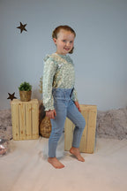 Sage And White Top With Bow And Frill Detail