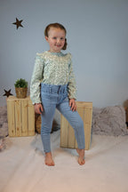 Sage And White Top With Bow And Frill Detail